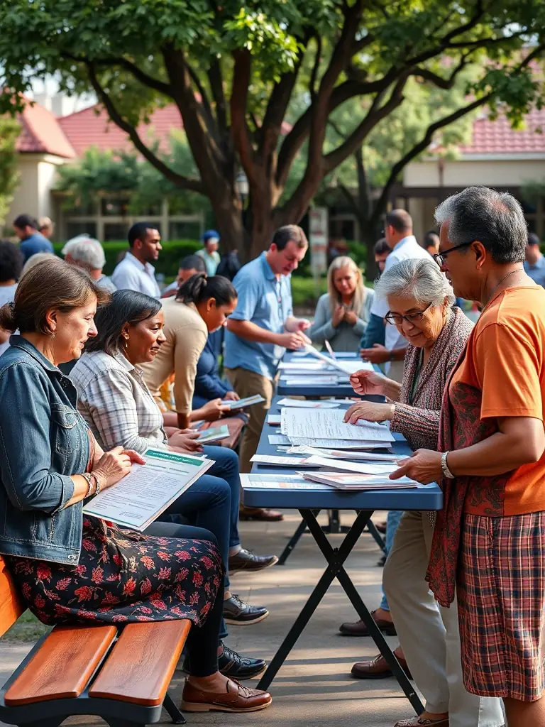 A photograph capturing a La Chaine De La Renaissance community outreach event, showing volunteers interacting with local residents, distributing educational materials, and engaging in discussions.