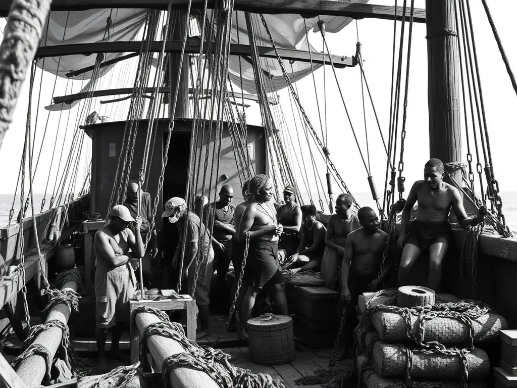 A historical archive image depicting the transatlantic slave trade, representing the organization's commitment to recognizing historical injustices.