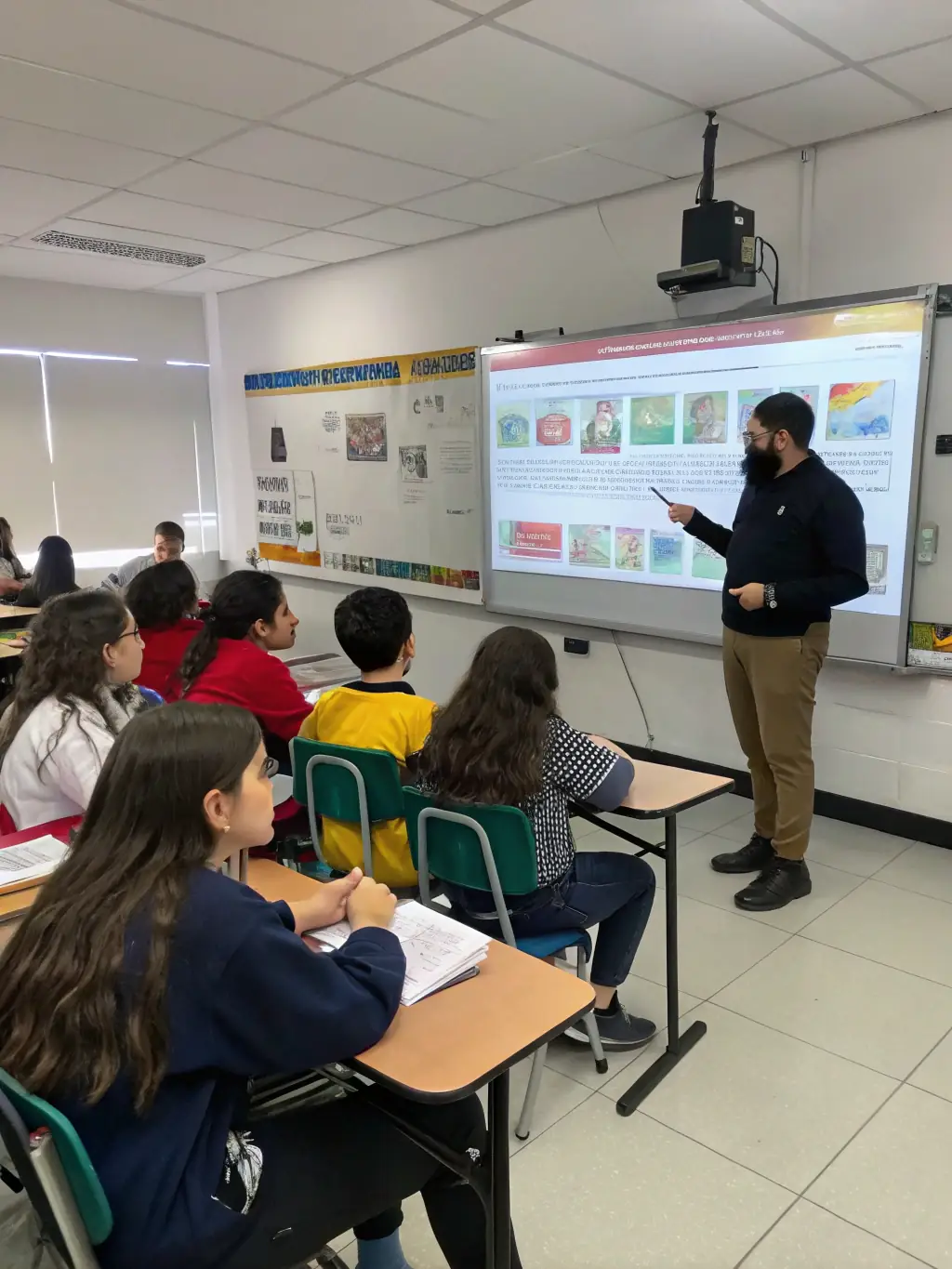 A photograph of students participating in a La Chaine De La Renaissance educational program, learning about African history and culture, set in a classroom environment with maps and historical artifacts visible.