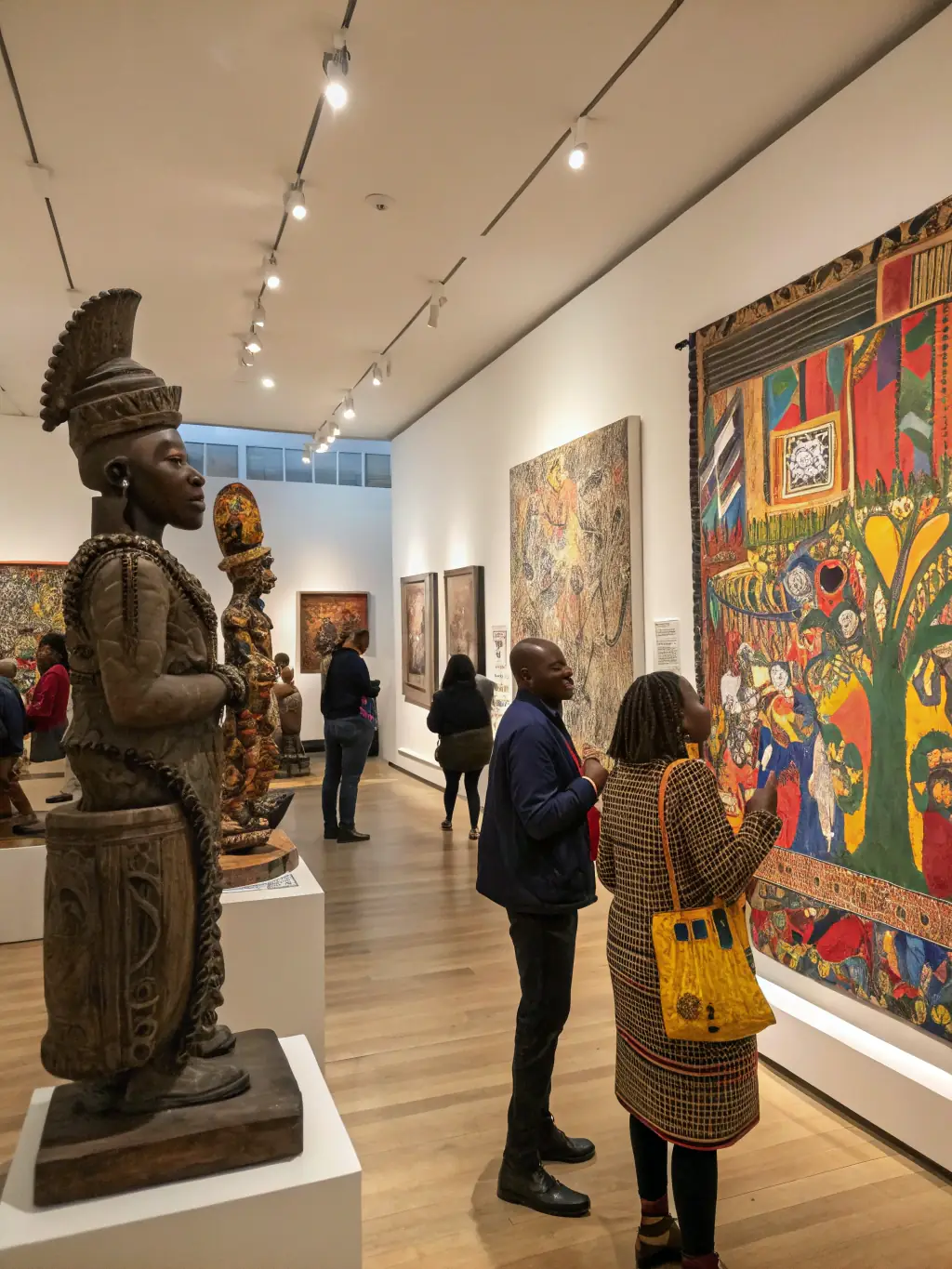 A vibrant image of the Cultural Heritage Exhibition, showcasing artifacts and artwork related to the African diaspora, with diverse visitors engaging with the exhibits.
